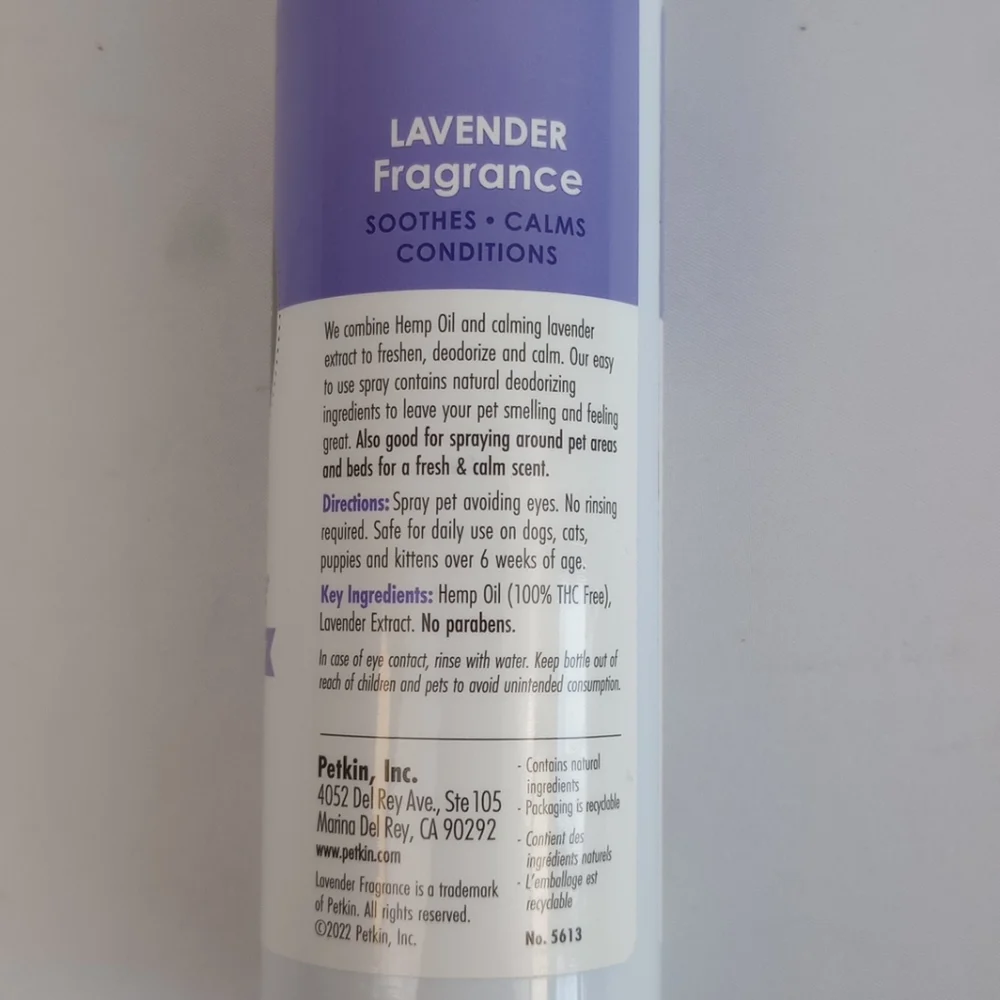 Petkin Lavender Fragrance Deodorizing And Calming Hemp Infused For Cats And Dogs